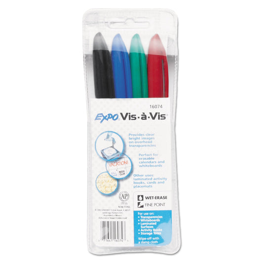 EXPO Vis-a-Vis Wet Erase Marker, Fine Bullet Tip, Assorted Colors, 4/Set