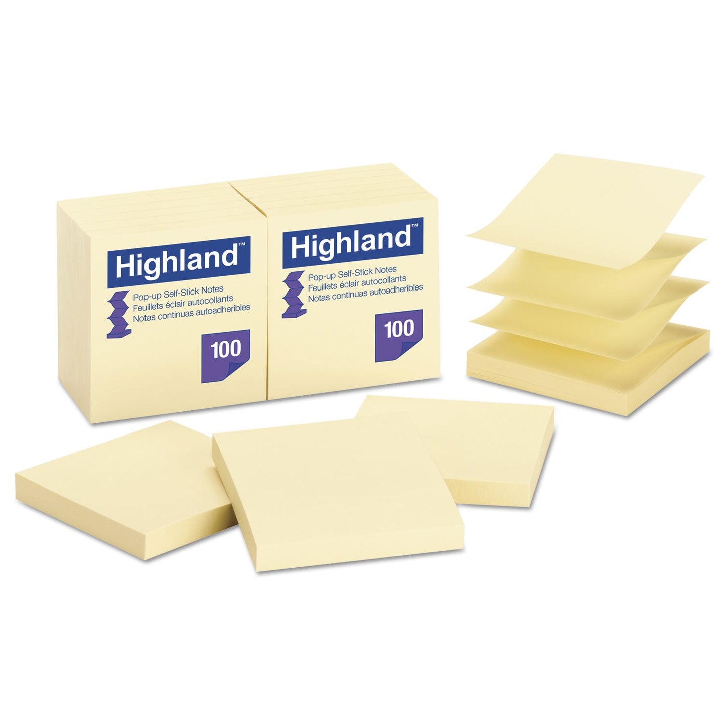 Highland Self-Stick Pop-up Notes, 3" x 3", Yellow, 100 Sheets/Pad, 12 Pads/Pack