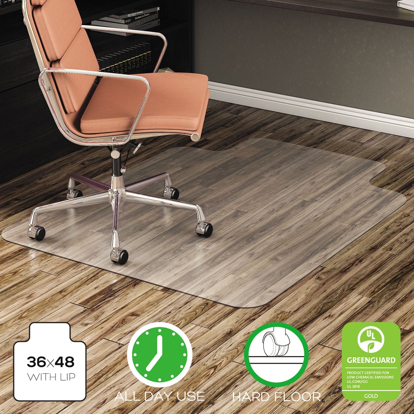deflecto EconoMat All Day Use Chair Mat for Hard Floors, 36 x 48, Lipped, Clear