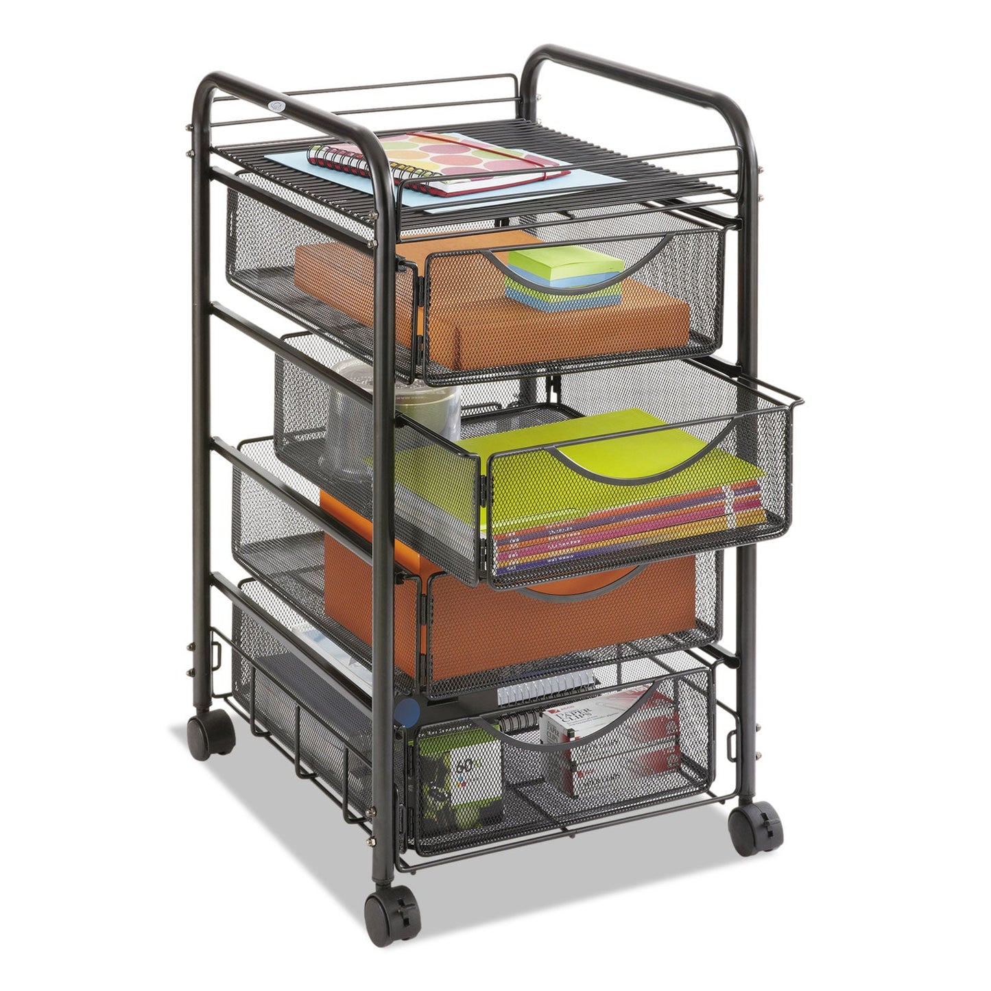 Safco Onyx Mesh Mobile File with Four Supply Drawers, Metal, 1 Shelf, 4 Drawers, 15.75" x 17" x 27", Black