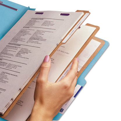 Smead Eight-Section Pressboard Top Tab Classification Folders with SafeSHIELD Fasteners, 3 Dividers, Legal Size, Blue, 10/Box