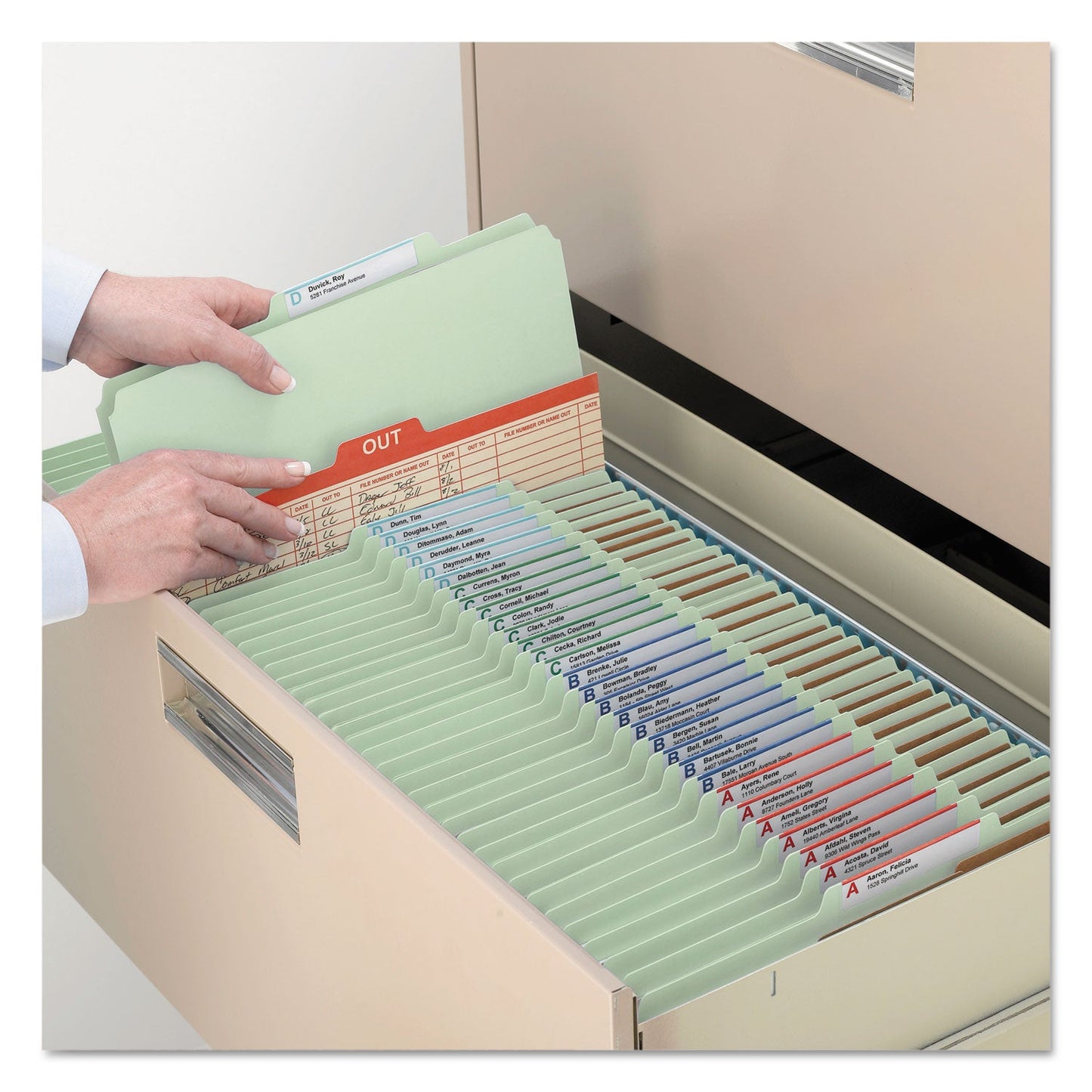 Smead Pressboard Classification Folders with SafeSHIELD Coated Fasteners, 2/5 Cut, 2 Dividers, Letter Size, Gray-Green, 10/Box