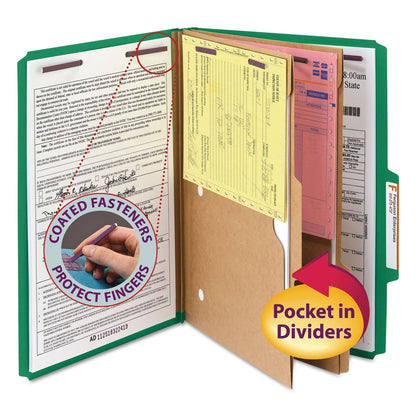 Smead 6-Section Pressboard Top Tab Pocket-Style Classification Folders with SafeSHIELD Fasteners, 2 Dividers, Legal, Green, 10/BX