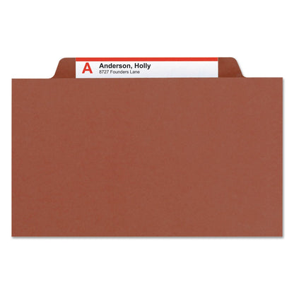 Smead Pressboard Classification Folders with SafeSHIELD Coated Fasteners, 2/5 Cut, 1 Divider, Legal Size, Red, 10/Box