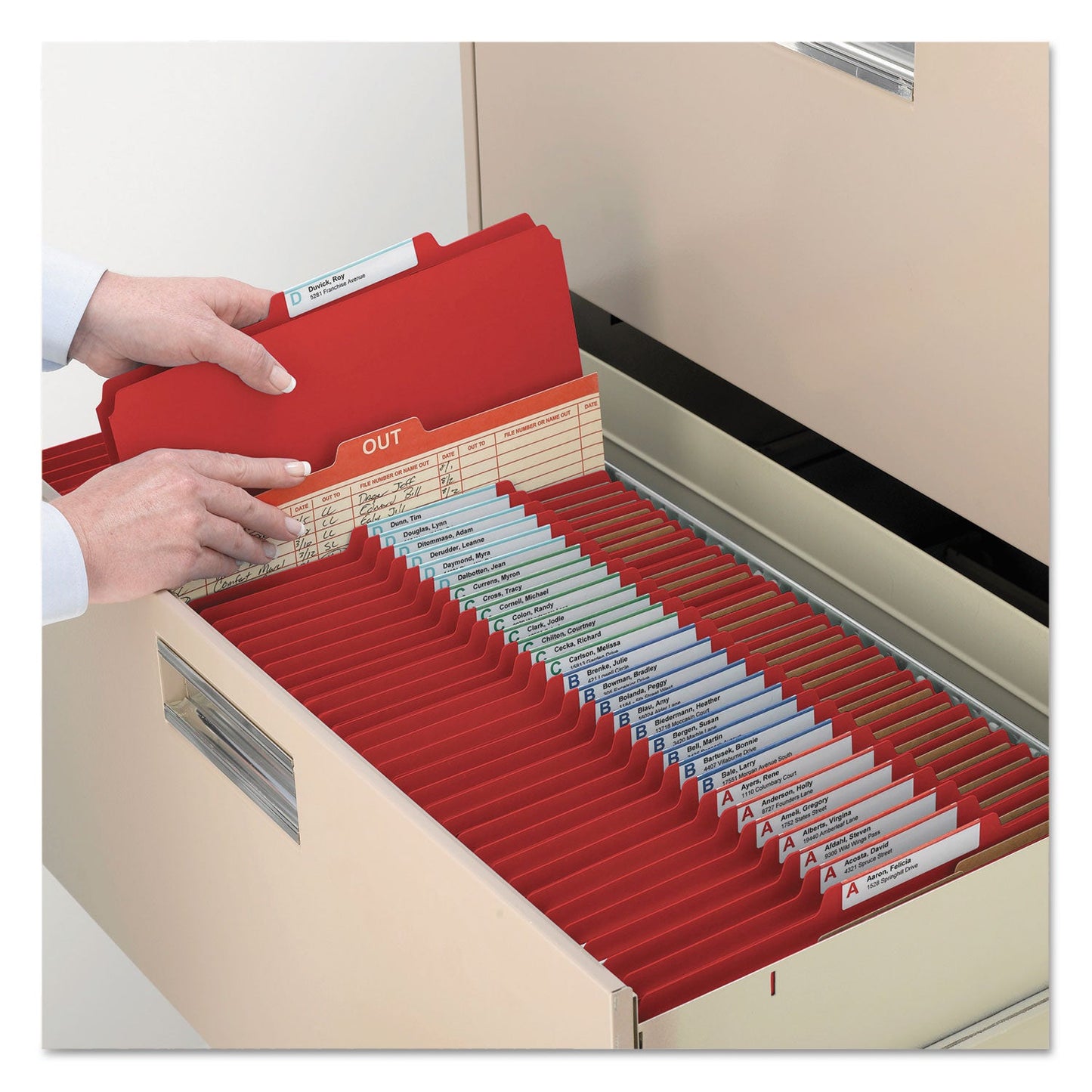 Smead Eight-Section Pressboard Top Tab Classification Folders with SafeSHIELD Fasteners, 3 Dividers, Legal Size, Bright Red, 10/Box