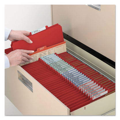 Smead Eight-Section Pressboard Top Tab Classification Folders with SafeSHIELD Fasteners, 3 Dividers, Legal Size, Bright Red, 10/Box