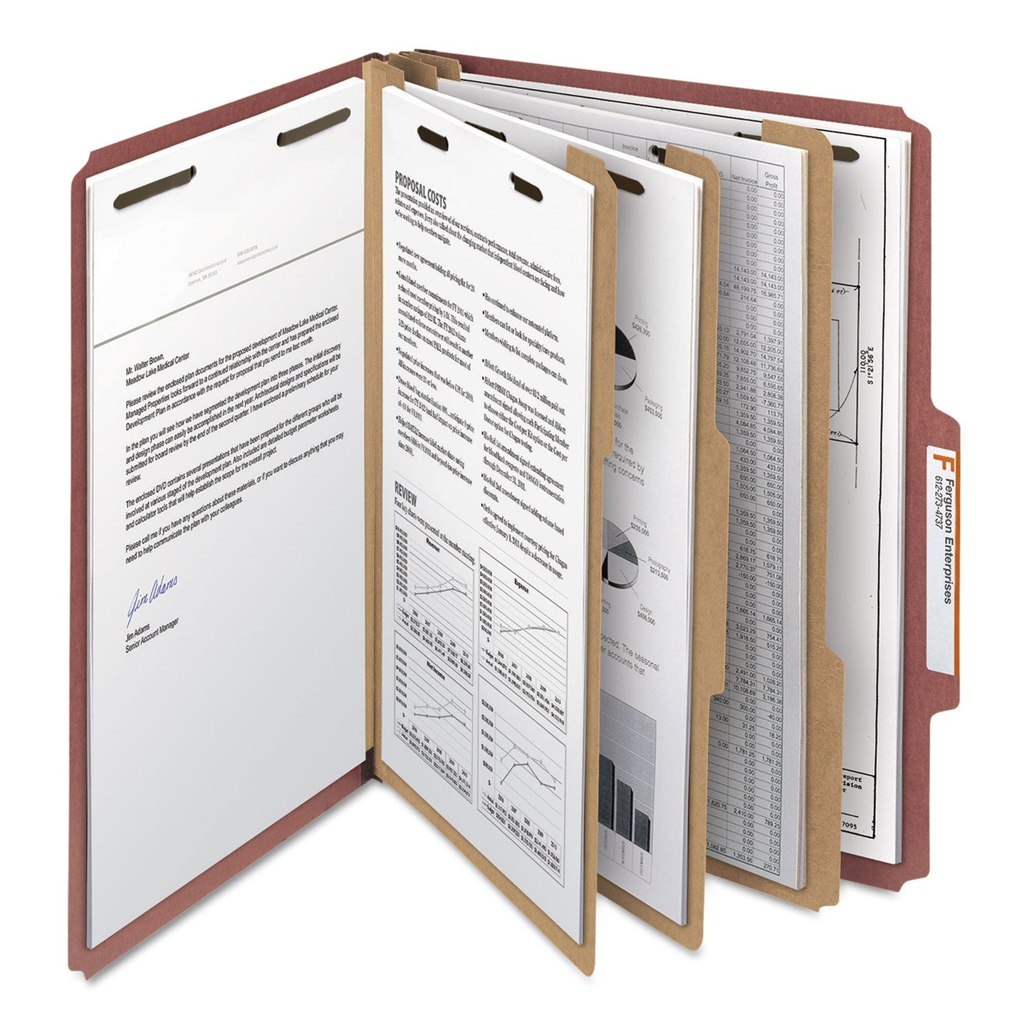 Smead 100% Recycled Pressboard Classification Folders, 3 Dividers, Letter Size, Red, 10/Box