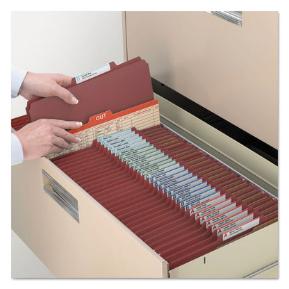 Smead Pressboard Classification Folders with SafeSHIELD Coated Fasteners, 2/5 Cut, 2 Dividers, Legal Size, Red, 10/Box