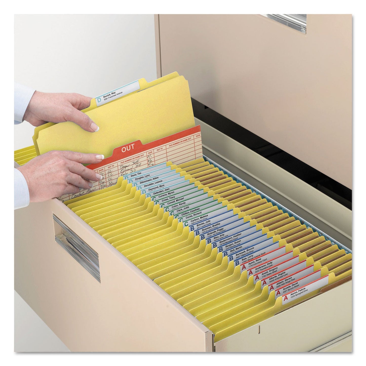 Smead Eight-Section Pressboard Top Tab Classification Folders with SafeSHIELD Fasteners, 3 Dividers, Letter Size, Yellow, 10/Box