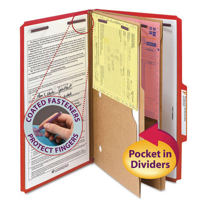 Smead 6-Section Pressboard Top Tab Pocket-Style Classification Folders with SafeSHIELD Fasteners, 2 Dividers, Legal, Red, 10/BX