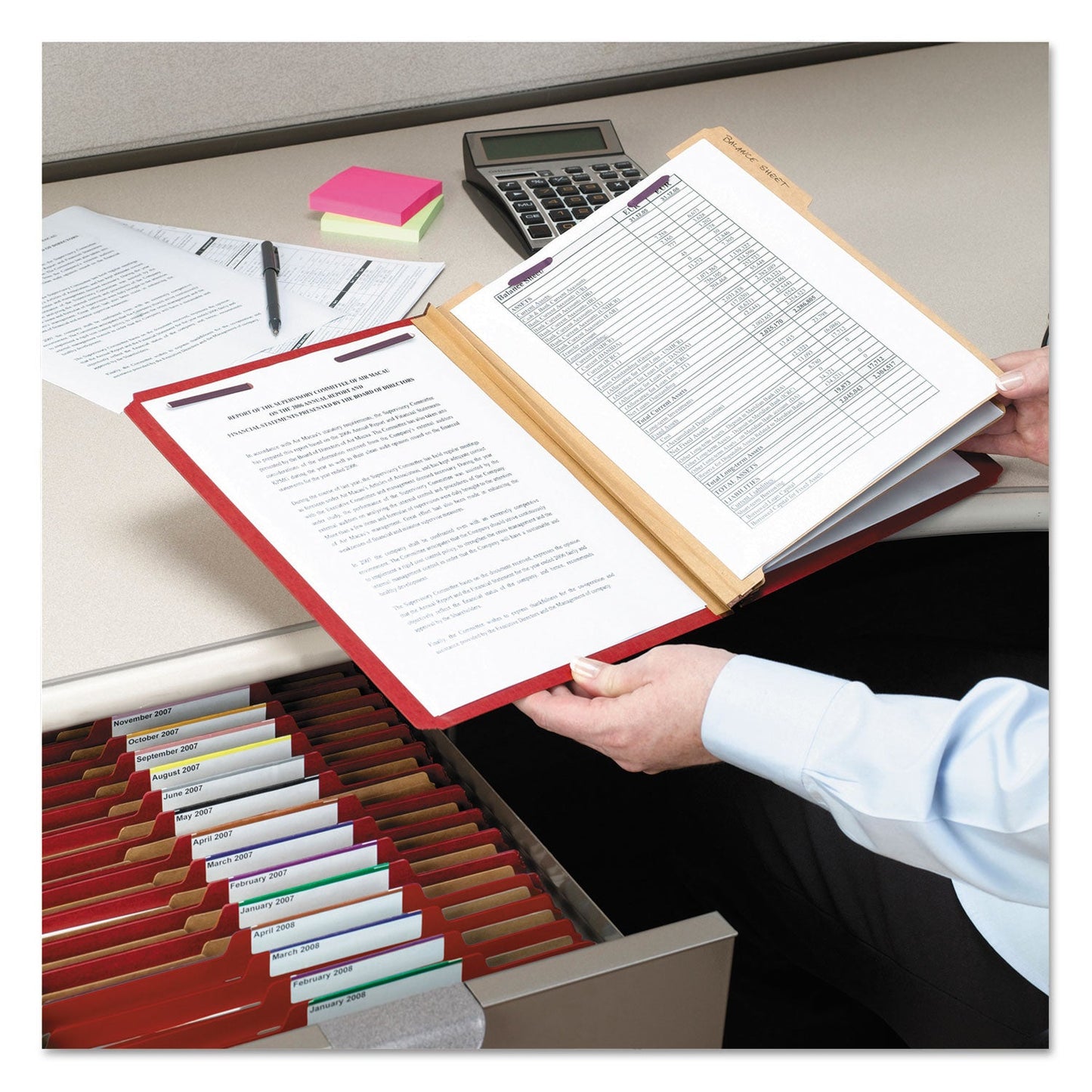 Smead Eight-Section Pressboard Top Tab Classification Folders with SafeSHIELD Fasteners, 3 Dividers, Legal Size, Bright Red, 10/Box