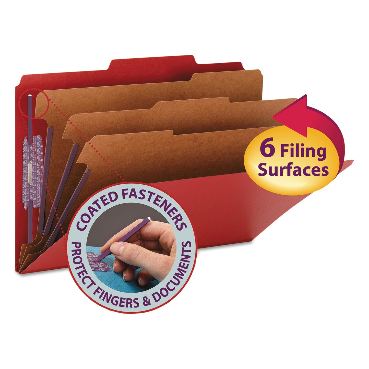Smead Eight-Section Pressboard Top Tab Classification Folders with SafeSHIELD Fasteners, 3 Dividers, Legal Size, Bright Red, 10/Box