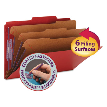 Smead Eight-Section Pressboard Top Tab Classification Folders with SafeSHIELD Fasteners, 3 Dividers, Legal Size, Bright Red, 10/Box