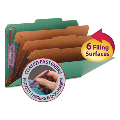 Smead Eight-Section Pressboard Top Tab Classification Folders with SafeSHIELD Fasteners, 3 Dividers, Legal Size, Green, 10/Box