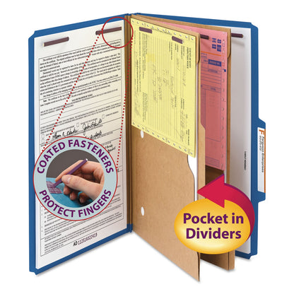 Smead 6-Section Pressboard Top Tab Pocket-Style Classification Folder, SafeSHIELD Fasteners, 2 Dividers, Legal, Dark Blue, 10/Box