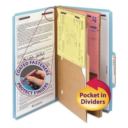 Smead 6-Section Pressboard Top Tab Pocket-Style Classification Folders with SafeSHIELD Fasteners, 2 Dividers, Legal, Blue, 10/BX