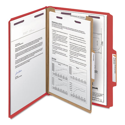 Smead Four-Section Pressboard Top Tab Classification Folders with SafeSHIELD Fasteners, 1 Divider, Letter Size, Bright Red, 10/Box