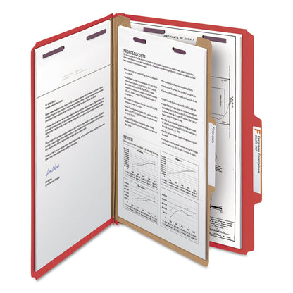 Smead Four-Section Pressboard Top Tab Classification Folders with SafeSHIELD Fasteners, 1 Divider, Legal Size, Bright Red, 10/Box