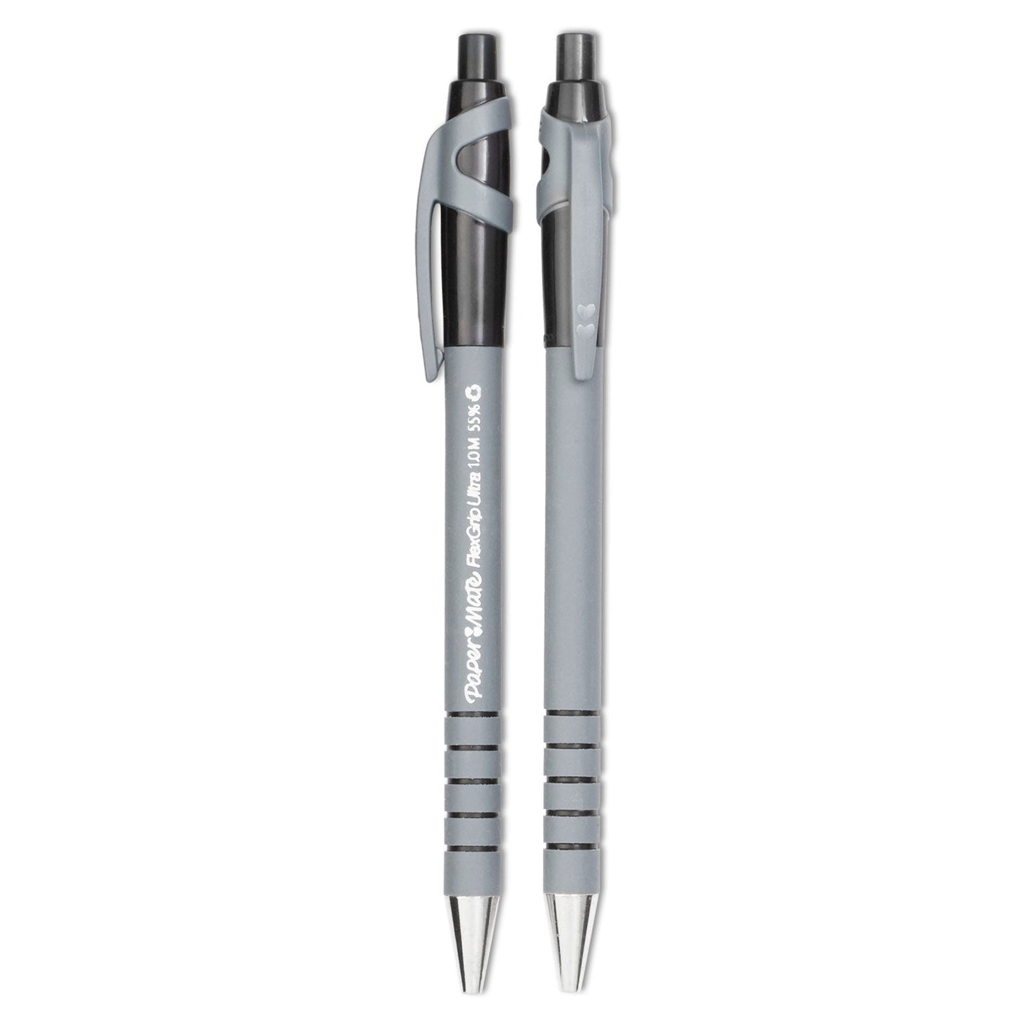 Paper Mate FlexGrip Ultra Ballpoint Pen, Retractable, Fine 0.8 mm, Black Ink, Gray/Black Barrel, Dozen