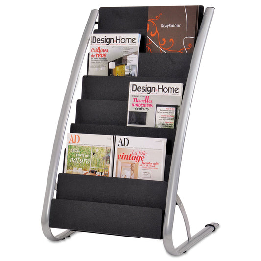 Alba Literature Floor Rack, 16 Pocket, 23w x 19.67d x 36.67h, Silver Gray/Black
