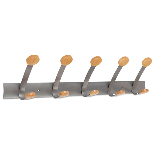 Alba Wooden Coat Hook, Five Wood Peg Wall Rack, Brown/Silver