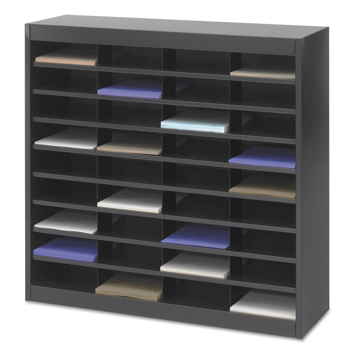 Safco Steel/Fiberboard E-Z Stor Sorter, 36 Compartments, 37.5 x 12.75 x 36.5, Black