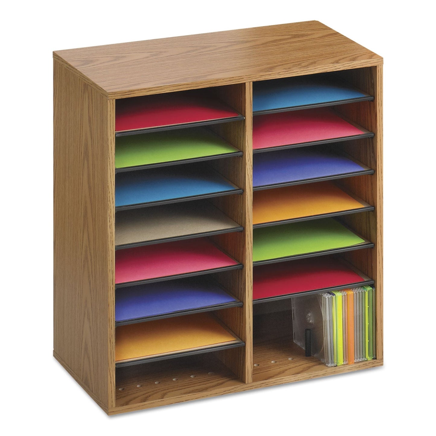 Safco Wood/Laminate Literature/CD Sorter, 16 Compartments, 19.5 x 11.75 x 21, Medium Oak