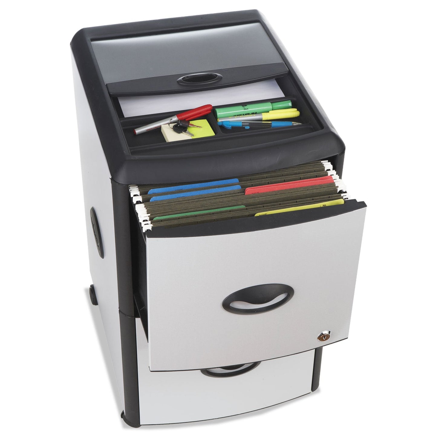 Storex Mobile Filing Cabinet with Metal Siding and Top-Drawer Organizer Tray, 2 Letter File Drawers, Silver/Black, 19" x 15" x 23"
