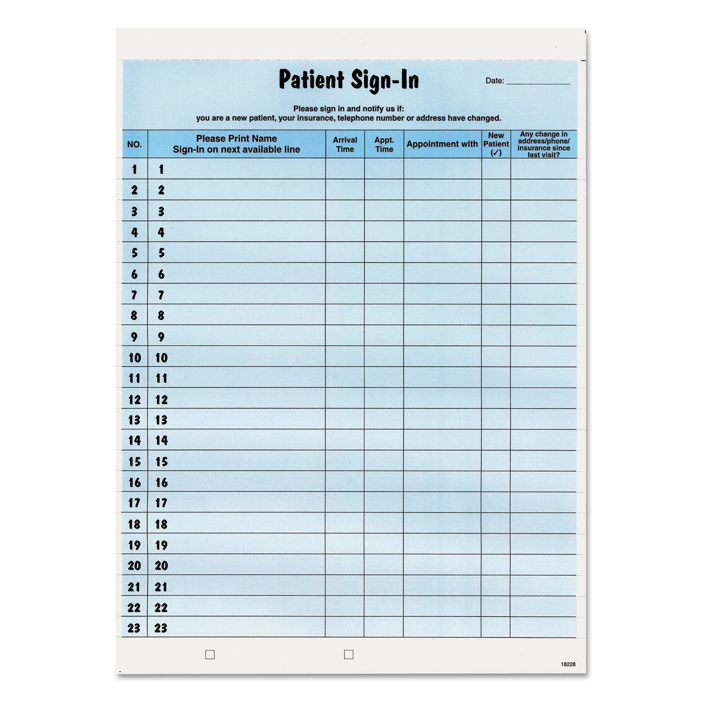 Tabbies Patient Sign-In Label Forms, Two-Part Carbon, 8.5 x 11.63, Blue, 1/Page, 125 Forms