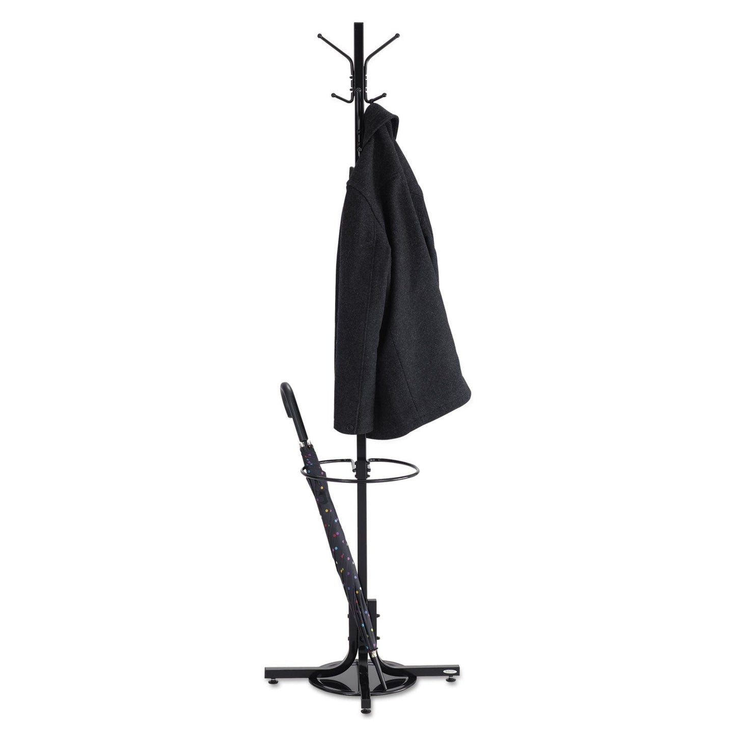 Safco Metal Costumer with Umbrella Holder, Four Ball-Tipped Double-Hooks, 21w x 21d x 70h, Black