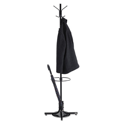Safco Metal Costumer with Umbrella Holder, Four Ball-Tipped Double-Hooks, 21w x 21d x 70h, Black