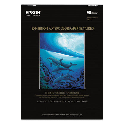 Epson Exhibition Textured Watercolor Paper, 22 mil, 13 x 19, Matte White, 25/Pack