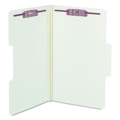 Smead SuperTab Pressboard Fastener Folders with SafeSHIELD Coated Fasteners, 2 Fasteners, Legal Size, Gray-Green Exterior, 25/Box