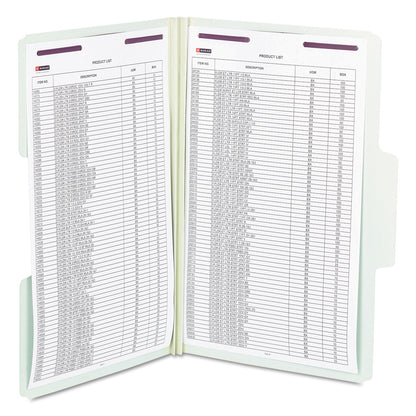 Smead SuperTab Pressboard Fastener Folders with SafeSHIELD Coated Fasteners, 2 Fasteners, Legal Size, Gray-Green Exterior, 25/Box