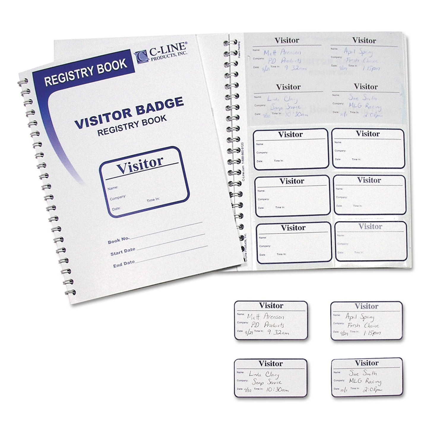 C-Line Visitor Badges with Registry Log, 3 5/8 x 1 7/8, White, 150 Badges/Box