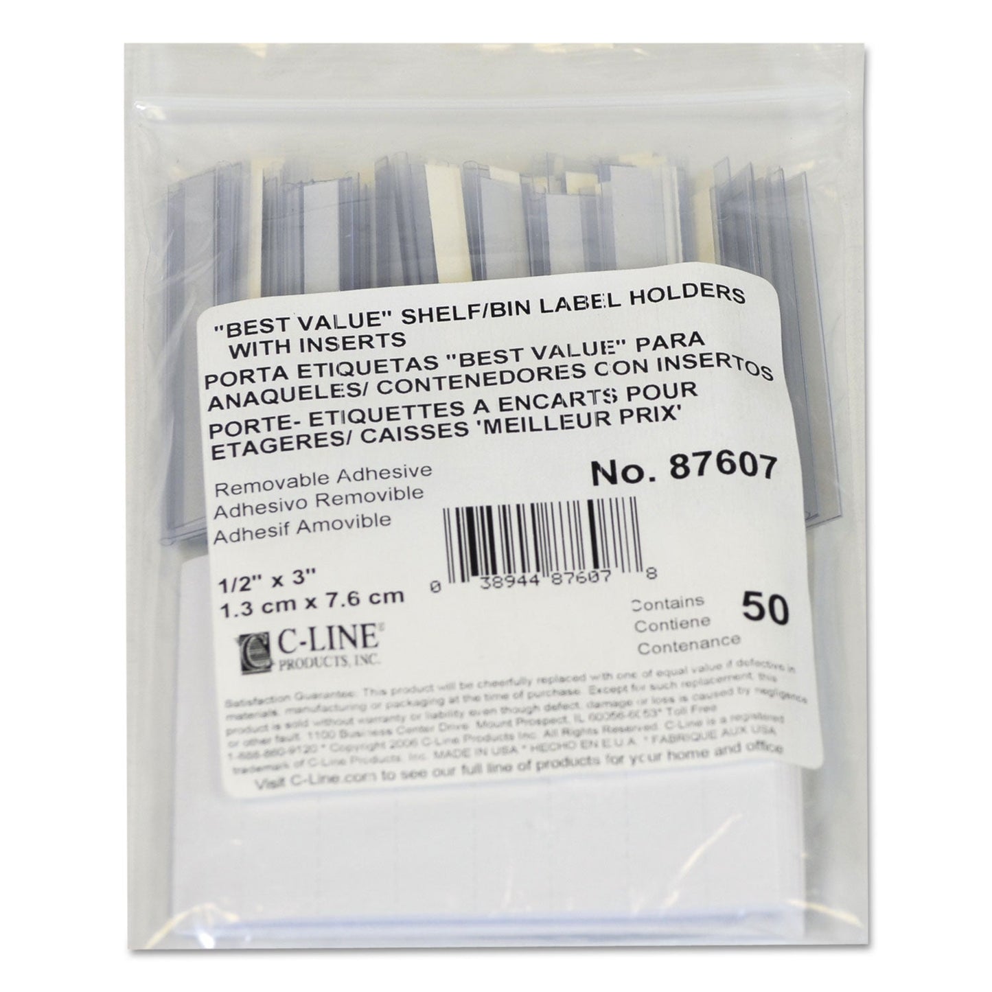 C-Line Self-Adhesive Label Holders, Top Load, 0.5 x 3, Clear, 50/Pack