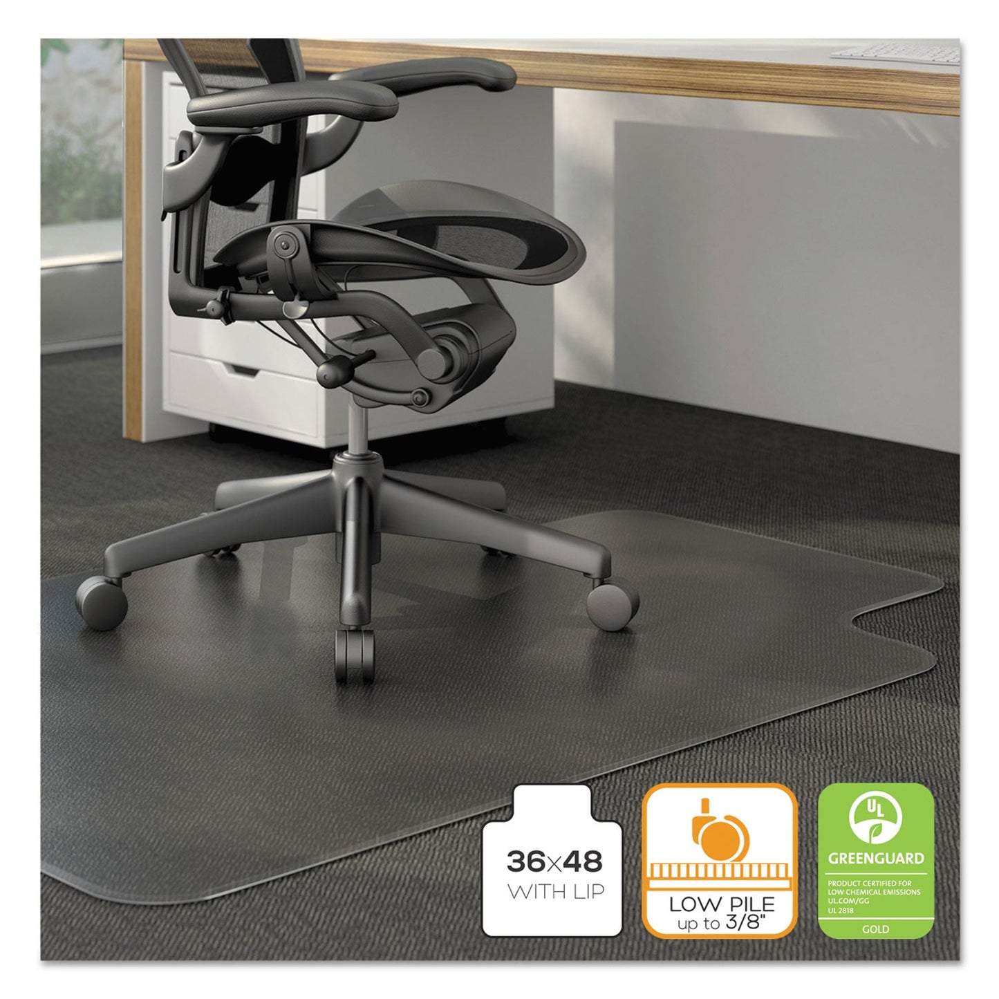 Alera Moderate Use Studded Chair Mat for Low Pile Carpet, 36 x 48, Lipped, Clear