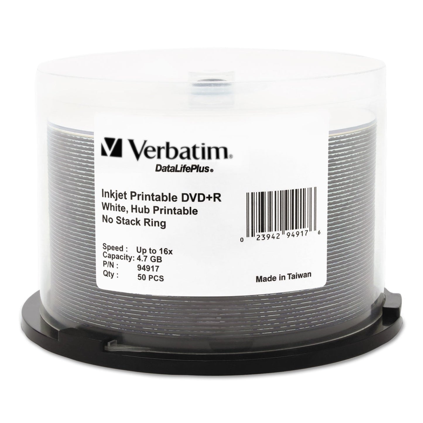 Verbatim DVD+R Recordable Disc, 4.7 GB, 16x, Spindle, Hub Printable, White, 50/Pack