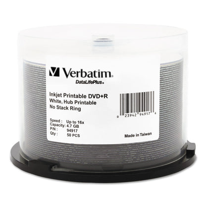 Verbatim DVD+R Recordable Disc, 4.7 GB, 16x, Spindle, Hub Printable, White, 50/Pack