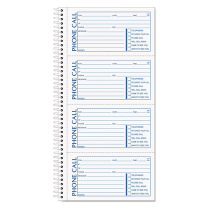 TOPS Spiralbound Message Book, Two-Part Carbonless, 2.75 x 5, 4/Page, 200 Forms