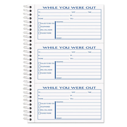 TOPS Spiralbound Message Book, Two-Part Carbonless, 2.83 x 5, 3/Page, 300 Forms