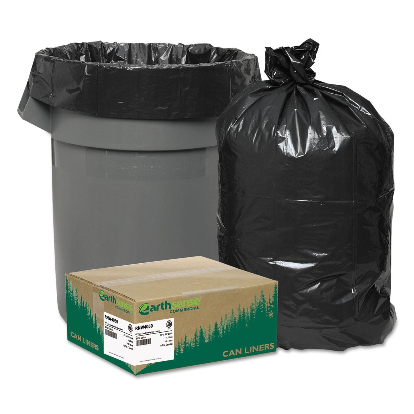 Earthsense Linear Low Density Recycled Can Liners, 33 gal, 1.25 mil, 33" x 39", Black, 100/Carton