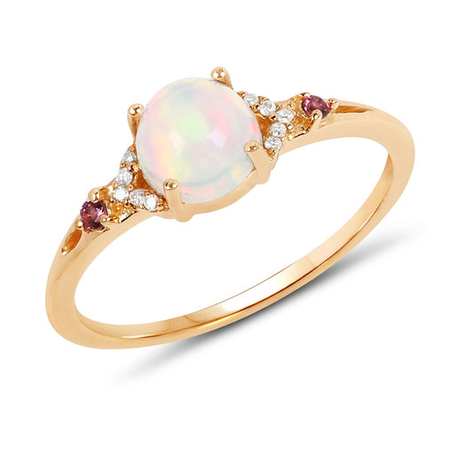 0.57 Carat Genuine Opal Ethiopian, Pink Tourmaline & White Diamond 14K Yellow Gold Ring