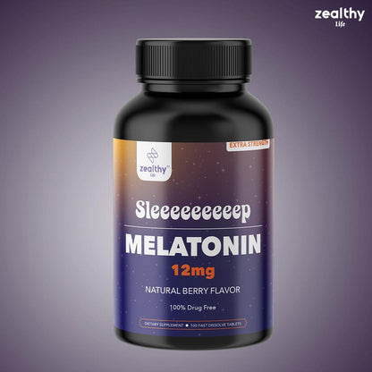 Melatonin 12mg Fast Dissolve Tablets – Natural Berry Flavor 100 Count – Extra Strength Sleep Support for Adults – Non Habit Forming 100 Day Supply