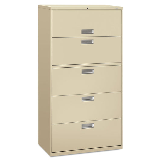 HON Brigade 600 Series Lateral File, 4 Legal/Letter-Size File Drawers, 1 Roll-Out File Shelf, Putty, 36" x 18" x 64.25"