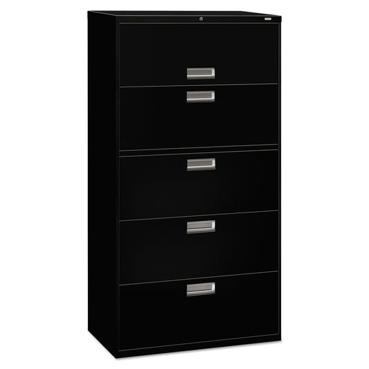 HON Brigade 600 Series Lateral File, 4 Legal/Letter-Size File Drawers, 1 Roll-Out File Shelf, Black, 36" x 18" x 64.25"