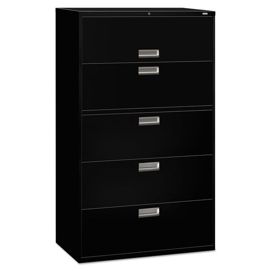 HON Brigade 600 Series Lateral File, 4 Legal/Letter-Size File Drawers, 1 Roll-Out File Shelf, Black, 42" x 18" x 64.25"