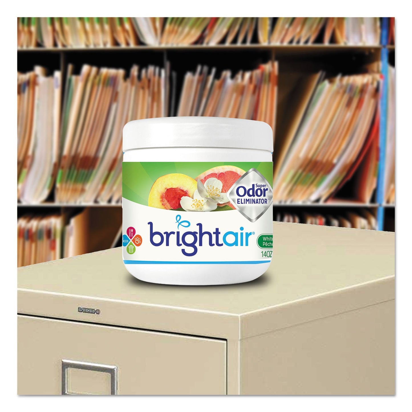 BRIGHT Air Super Odor Eliminator, White Peach and Citrus, 14 oz Jar, 6/Carton