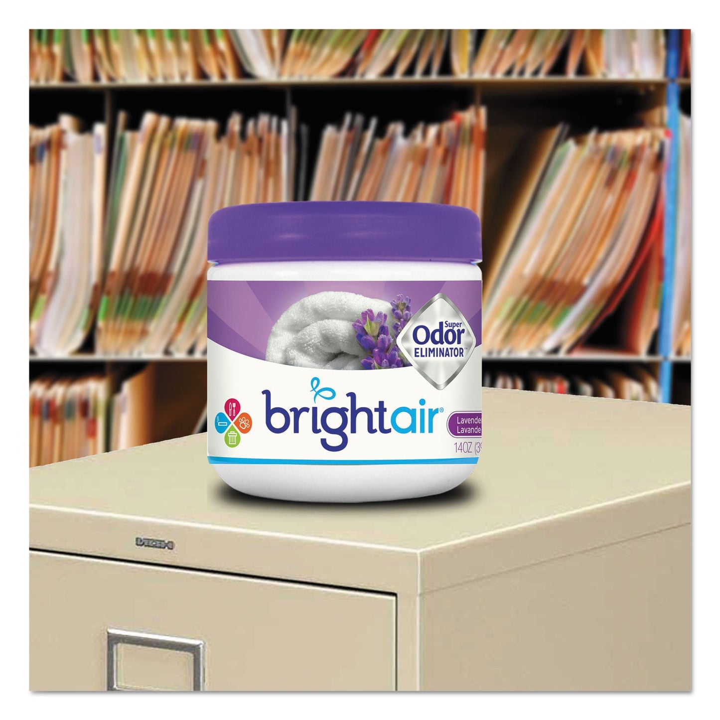BRIGHT Air Super Odor Eliminator, Lavender and Fresh Linen, Purple, 14 oz Jar, 6/Carton
