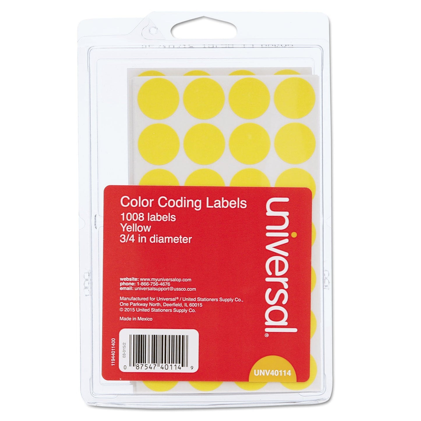 Universal Self-Adhesive Removable Color-Coding Labels, 0.75" dia, Yellow, 28/Sheet, 36 Sheets/Pack